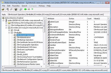 لقطة خارجية قديمة لواجهة AD Explorer من Microsoft Sysinternals، تعرض شجرة الدليل وخصائص كائن؛ ليست من هذا الموقع.