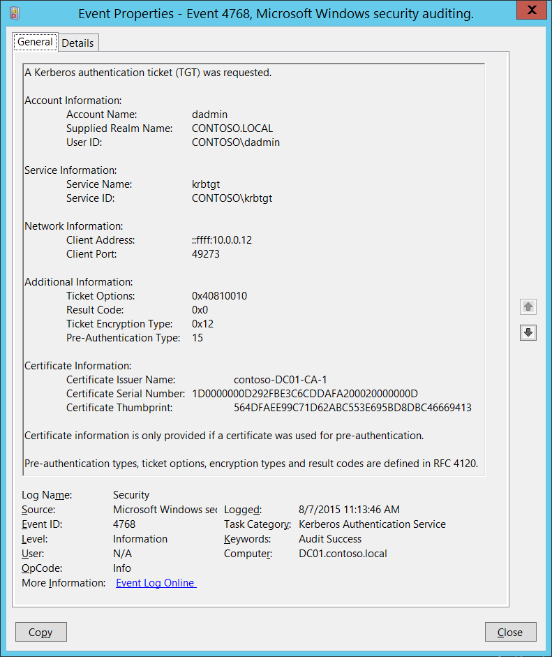 مثال أصلي من Microsoft للحدث 4768 مع مصادقة مسبقة بالشهادة؛ صورة توثيقية وليست دليل هجوم أو نتيجة المختبر.