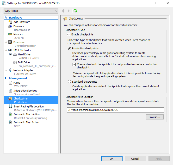 إعدادات Standard وProduction Checkpoints في Hyper-V من وثائق Microsoft الرسمية؛ قد تختلف الواجهة حسب النسخة.
