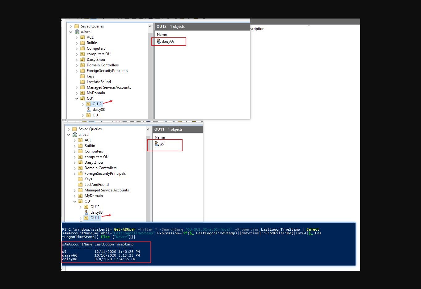 صورة خارجية منشورة في Microsoft Q&A تعرض وحدات تنظيمية ونتيجة استعلام lastLogonTimestamp في PowerShell