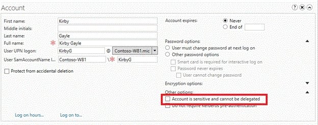 صورة من Microsoft Learn لخيار Account is sensitive and cannot be delegated، وهو إعداد يختلف عن عضوية Protected Users