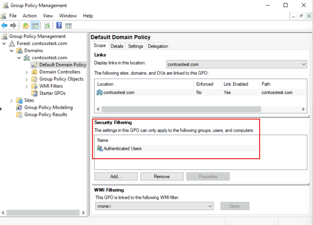 لقطة من Microsoft Learn لتبويب Scope في GPMC، توضح Security Filtering وموضع WMI Filtering