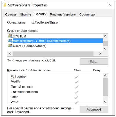 تبويب Security لمجلد SoftwareShare في مثال خارجي من وثائق Yubico، مع صلاحيات مجموعة Administrators